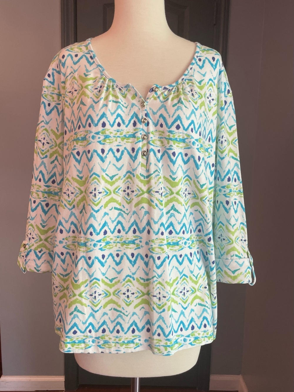 N Touch XL White Cotton Tunic with Colorful Print 3/4 Sleeves